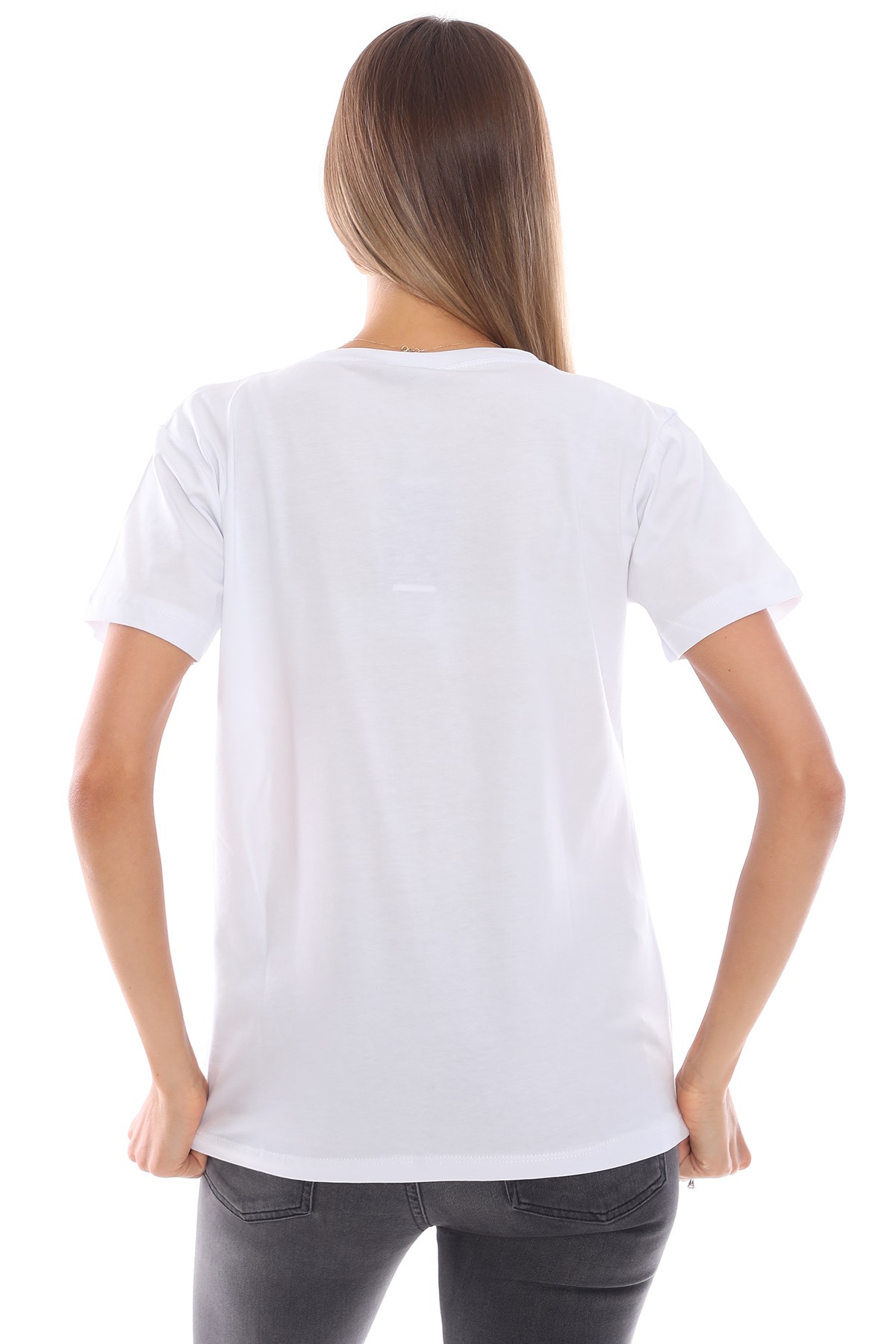 Baskılı Cep Detaylı Beyaz Salaş Kadın Tişört