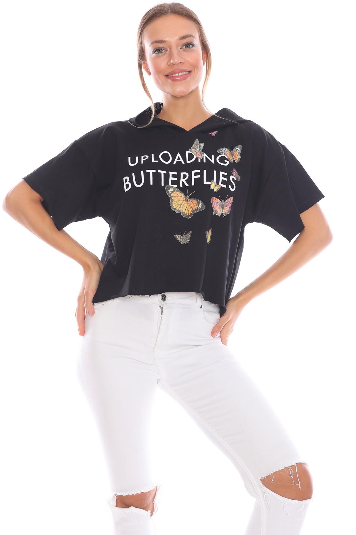 Kelebek Baskılı Salaş Tasarım Siyah Kapüşonlu Kadın Sweatshirt
