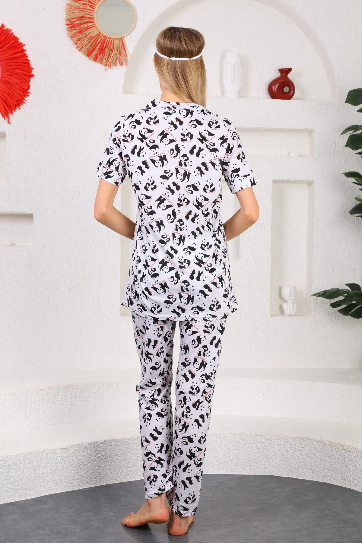 Panda Baskılı Pamuklu Yazlık Kadın Pijama Takımı