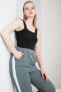 Kadın Bağcıklı Cepli Yanları Şerit Tasarım Keten Pantolon Antrasit