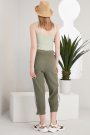 Kadın Bağcıklı Cepli Yanları Şerit Tasarım Keten Pantolon Yeşil