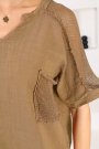 Kadın File Detaylı Salaş Bol Kesim Kahverengi Yazlık Keten Bluz