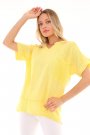 Kadın File Detaylı Salaş Bol Kesim Sarı Yazlık Keten Bluz
