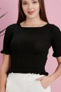 Kadın Kısa Kol Fırfırlı Triko Bluz Siyah Renk