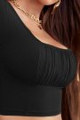 Kadın Önü Büzgülü Fitilli Viskon Kumaş Siyah Crop Bluz