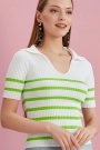Kadın Polo Yaka Yeşil Çizgili Ekru Yazlık Triko Bluz