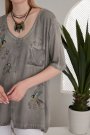 Viskon Kumaş Kuş Çiçek Baskılı Antrasit Yazlık Salaş Kadın Bluz