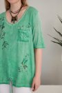 Viskon Kumaş Kuş Çiçek Baskılı Yeşil Yazlık Salaş Kadın Bluz